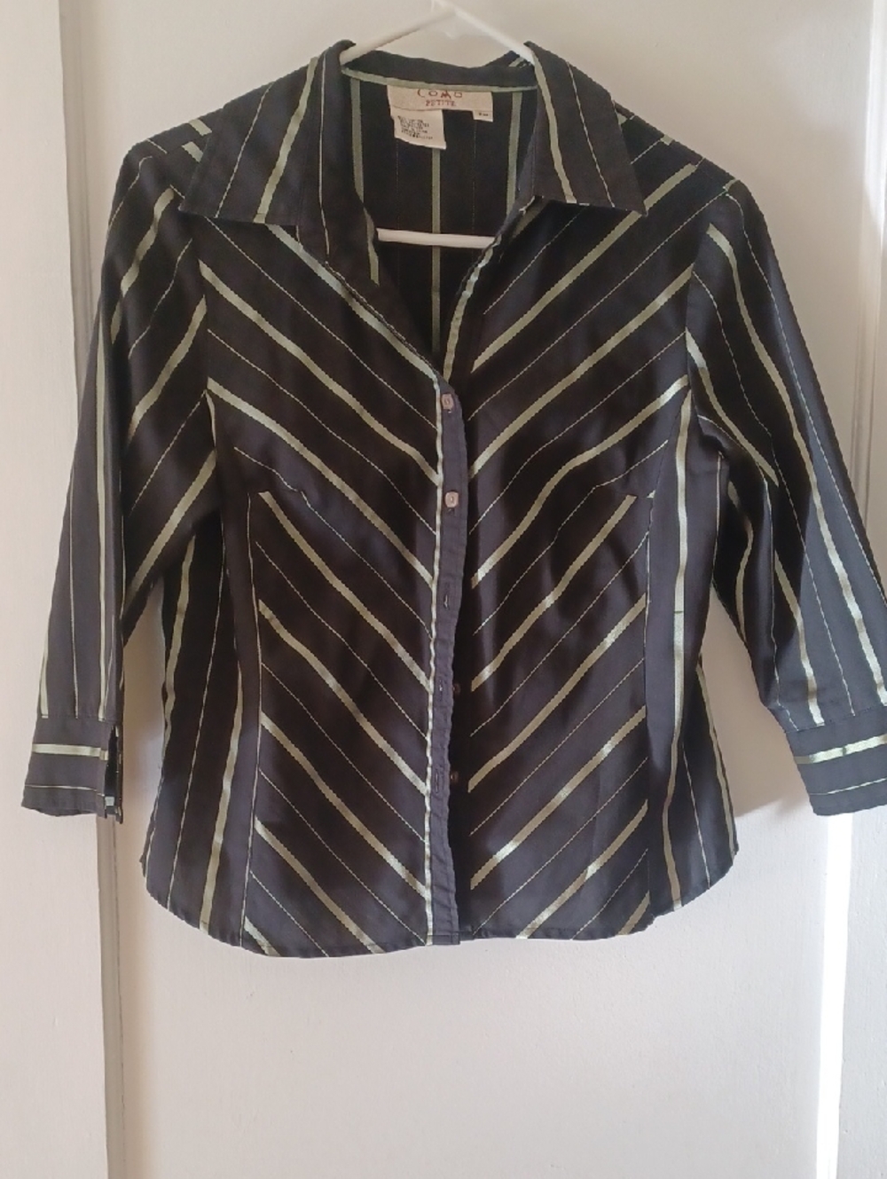 St. John Collection Black Shirt with Olive Pinstripes